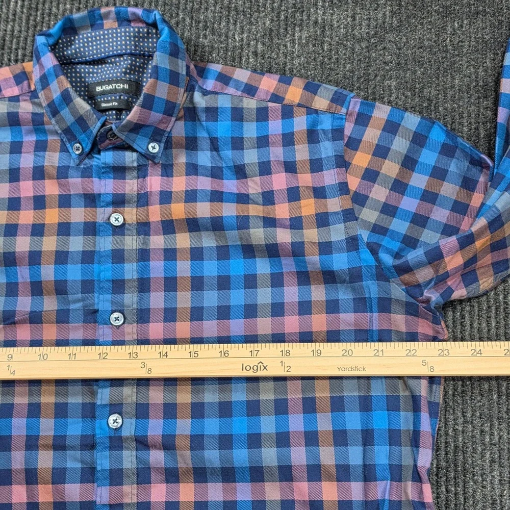 Bugatchi Button Down Shirt Mens L Blue Orange Plaid Excellent Classic Fit Cotton